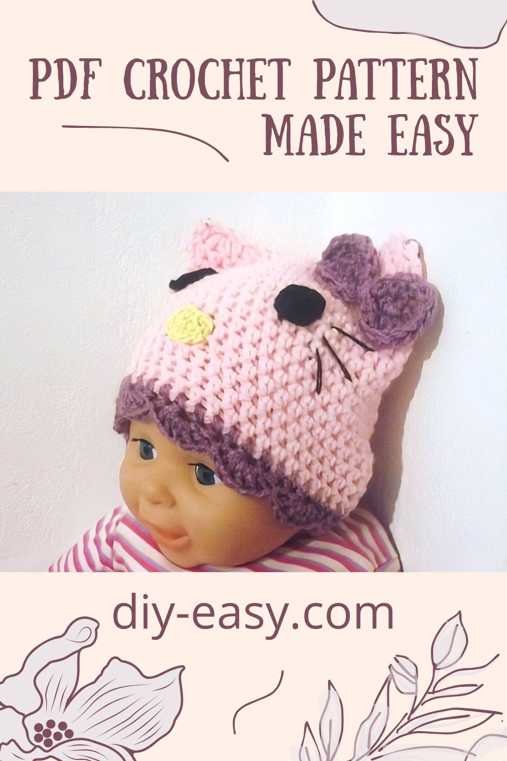 Hello Kitty Beanie Hat Crochet Pattern | 7 Sizes Newborn to Adult | Easy 3 Hello Kitty Beanie Hat Crochet Pattern | 7 Sizes Newborn to Adult | Easy