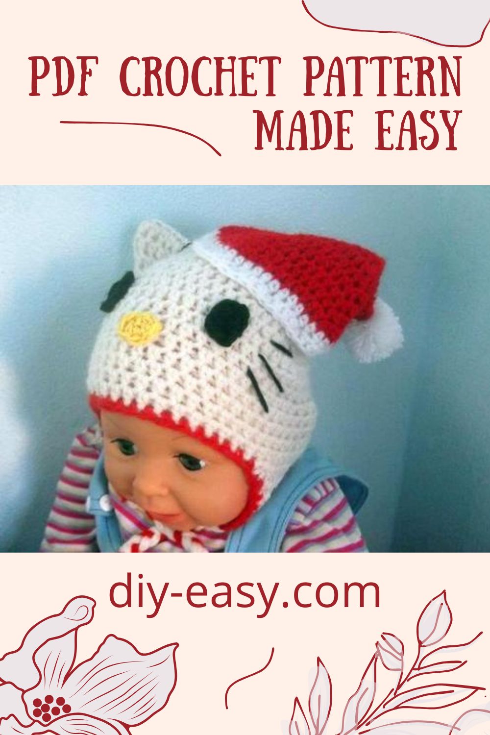 Hello Kitty Christmas Hat Crochet Pattern | Santa Hat + Earflaps | 7 Sizes 2 h28 Hello Kitty Christmas Hat