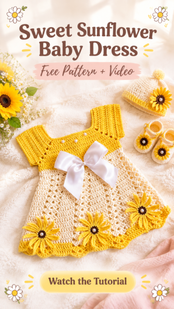 Crochet sunflower baby dress for 0-3 months with a yellow yoke, cream shell-stitch skirt, pearl buttons, and sunflower appliques