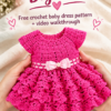 Handmade pink crochet baby dress with ruffled skirt and ribbon bow