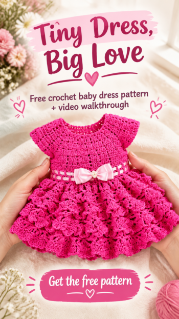 Handmade pink crochet baby dress with ruffled skirt and ribbon bow
