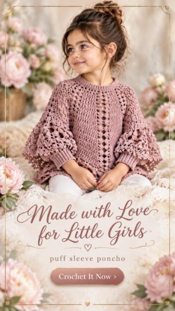 Crochet baby poncho with puff sleeves, lacy shell yoke, ribbed wristbands and scalloped picot hem, worked top-down for a newborn girl