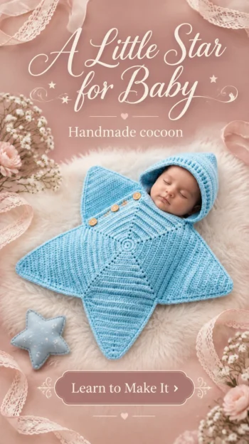 Crochet star baby sleeping bag in soft blue yarn with a buttoned sleeve and five-point star cocoon shape