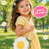 Crochet daisy flower bag with yellow center, white petals, yellow and white chain-link handle, and green bow with wooden beads