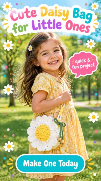 Crochet daisy flower bag with yellow center, white petals, yellow and white chain-link handle, and green bow with wooden beads