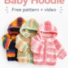 Crochet baby hoodie in aqua with textured cobble stitch and drawstring hood