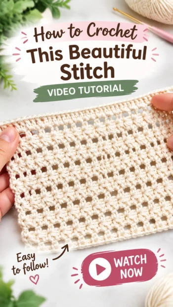 Cream crochet swatch showing a textured two-round stitch with raised cluster motifs and open chain spaces